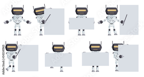 Artificial intelligence characters vector set. Robot teacher pointing and showing white board elements for teaching and presenting robots collection design. Vector illustration.
