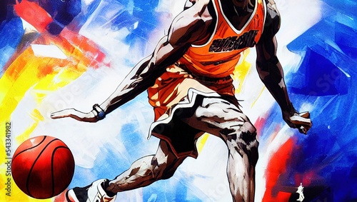 Colorful AI-generated illustration of a bouncing basketball player © Chrixxi/Wirestock Creators