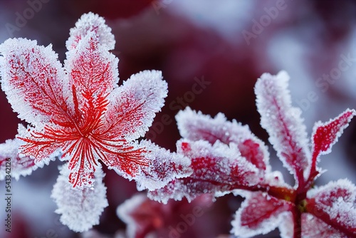 Frozen azalea with red leaves. The first frosts, cold weather, frozen water, frost, and hoarfrost. Macro shot. Early winter. Blurred background.