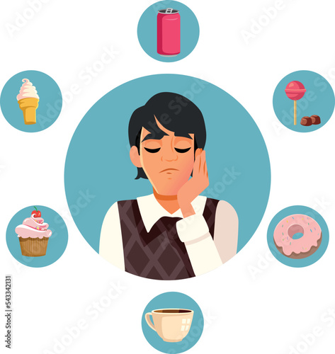 Man Suffering a Toothache Surrounded by Bad Foods and Drinks. Unhappy dental patient feeling in pain from bad dietary choices 
