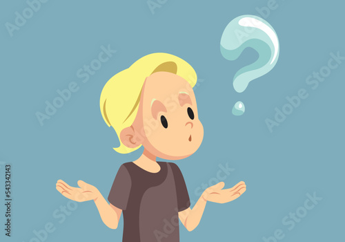 Little Toddler Having Questions about Life Vector Cartoon Illustration. Funny kid trying to find answers to expand his knowledge 
