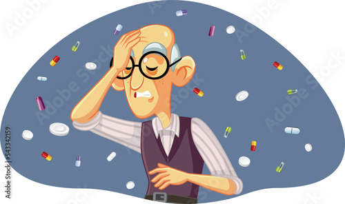 Elderly Man Suffering from Headaches Feeling Dizzy Vector Illustration. Sick senior grandpa feeling his head spinning taking medication
