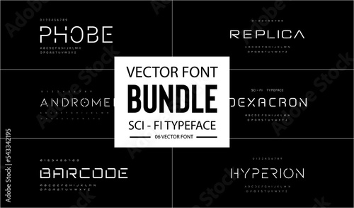 Set of Modern futuristic sci-fi vector font. future space style typeface . Minimalist style letters for logo, headline, poster, music or movie cover . vector ilustration

 photo