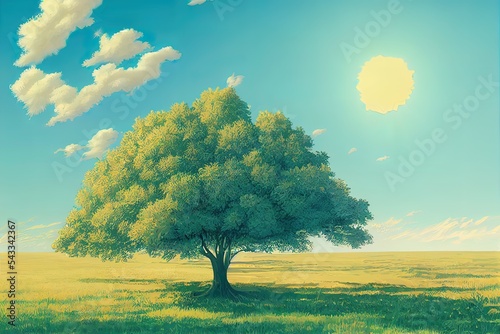 2d illustration of tree in the middle of a meadow with a clear blue sky and the sun shining brightly