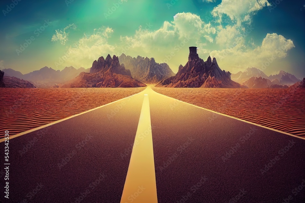 3d illustration floating desert road. dirt asphalt road with mountains ...