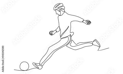 Continuous line of football player kicks the ball