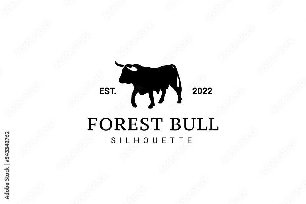 Angus Cow Cattle Buffalo Bull Silhouette At Pine Fir Conifer Evergreen Tree Forest Logo Design
