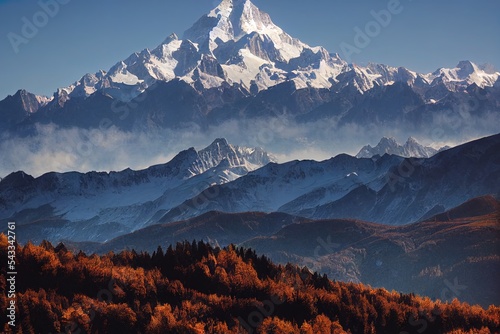 Mont Blanc is the highest mountain in the Alps and the highest in Europe. Beautiful panorama of European Alps in sunny day. Haute Savoie, France