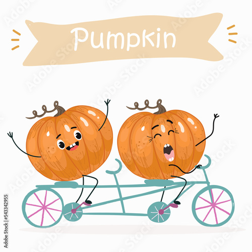 Vector illustration of funny cartoon pumpkins, ride tandem, healthy food, cuisine, ingredients, kids t-shirt design, halloween card.
