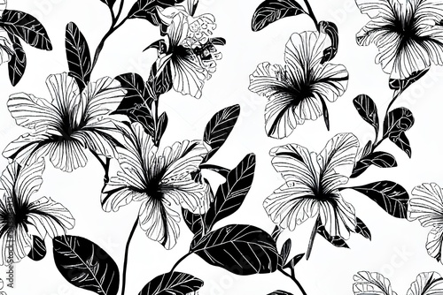 Hawaiian watercolor pattern. Black and white floral tropical seamless print. Hibiscus and oleander in Hawaii. Aloha swimwear design. Exotic bouquet fashion illustration. Watercolour horizontal tile. photo