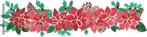 水彩画。水彩タッチのポインセチアと松ぼっくりのベクターイラスト。Watercolor painting. Vector illustration of poinsettia and pine cones with watercolor touch.