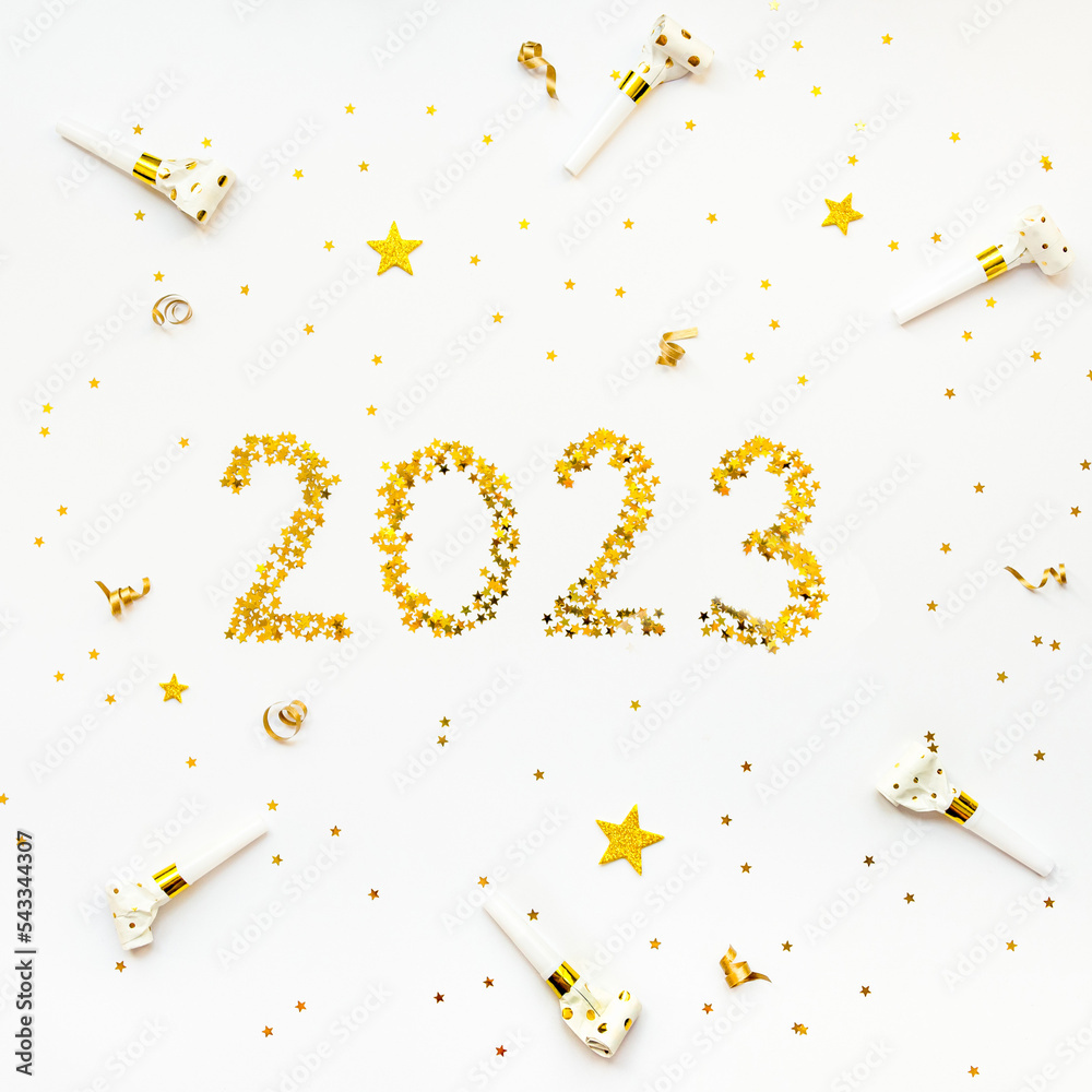 New 2023 Year golden star shaped confetti celebration background.