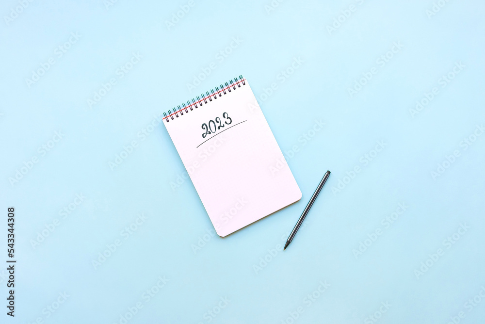Top view of empty notebook ready for New 2023 Year planing or wish list