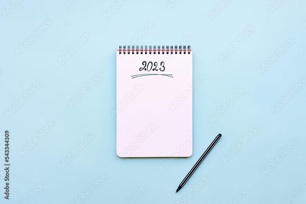 Top view of empty notebook ready for New 2023 Year planing or wish list