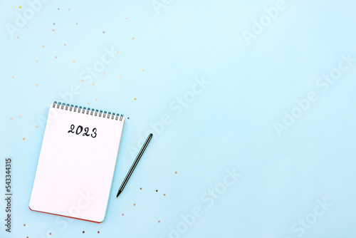 Top view of empty notebook ready for New 2023 Year planing or wish list