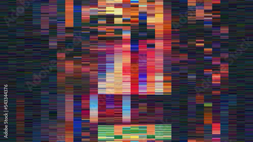 Horizontal distortion of a broken video image on black background, VHS effect, glitch digital color pixel noise. Stock image of abstract pixel background glitch texture. Color digital noise, VHS corru photo