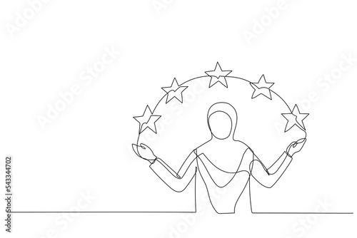 Illustration of muslim woman points to the stars. Metaphor for good customer review. Single continuous line art