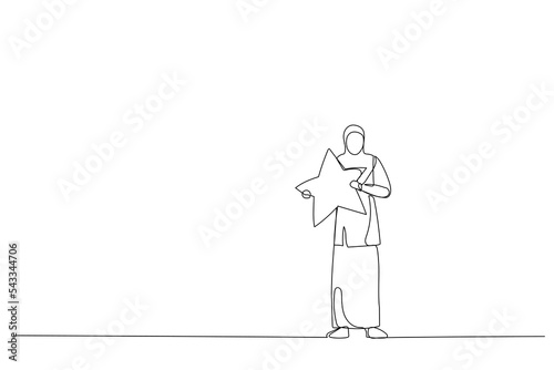 Drawing of muslim woman hugging big star. Metaphor for good review. Continuous line art style