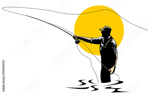 Print op canvas illustration of a fly fisherman casting rod and reel done in retro style