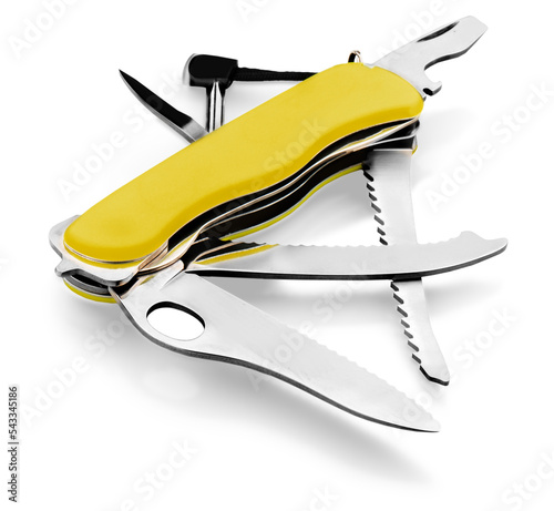 Yellow penknife isolated on white background photo