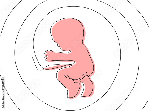 The embryo in one line with colored silhouette. Concept of pregnancy with growing fetus. Outline of an embryo with a zigzag circle. Vector illustration of baby health and childbirth.