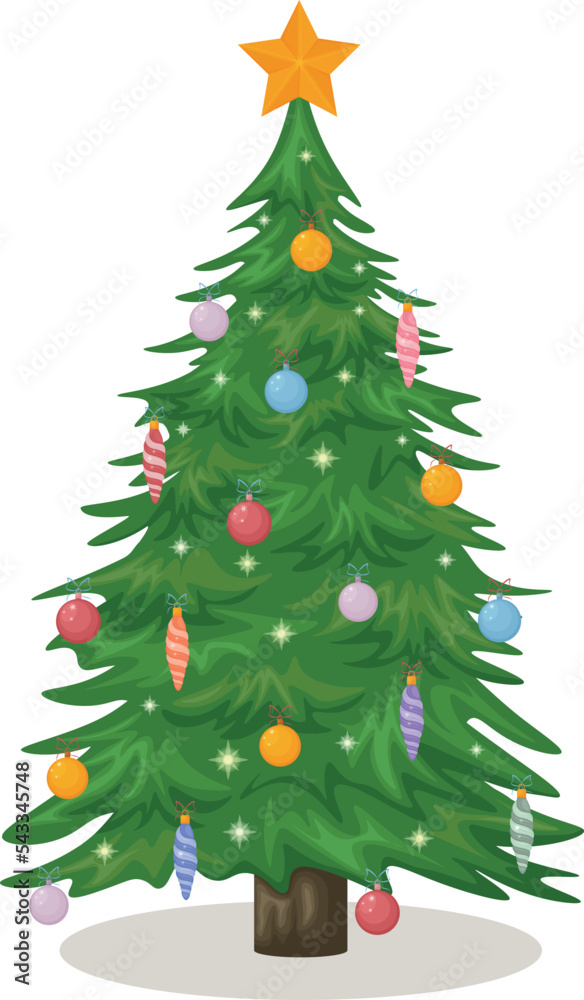 Christmas tree. Cute Christmas tree decorated with Christmas toys and garlands. Festive Christmas tree, vector illustration