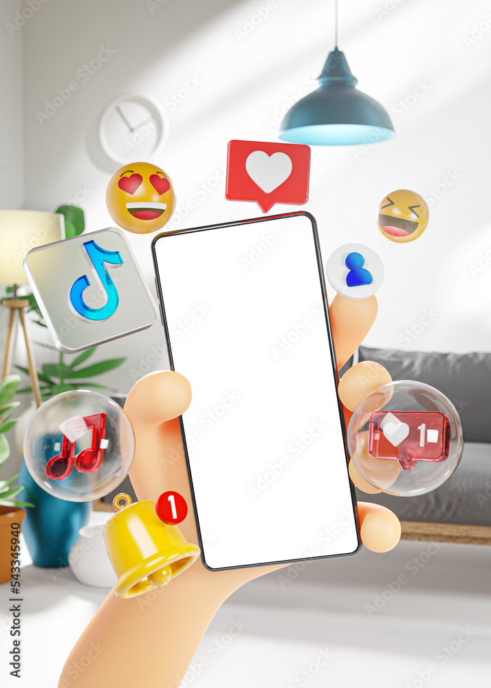 Screen Mockup Template Cute Hand Holding Smart Phone Tik Tok Icons in