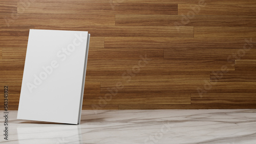 3d rendering of a book with ceramic and wood background for your mock up photo