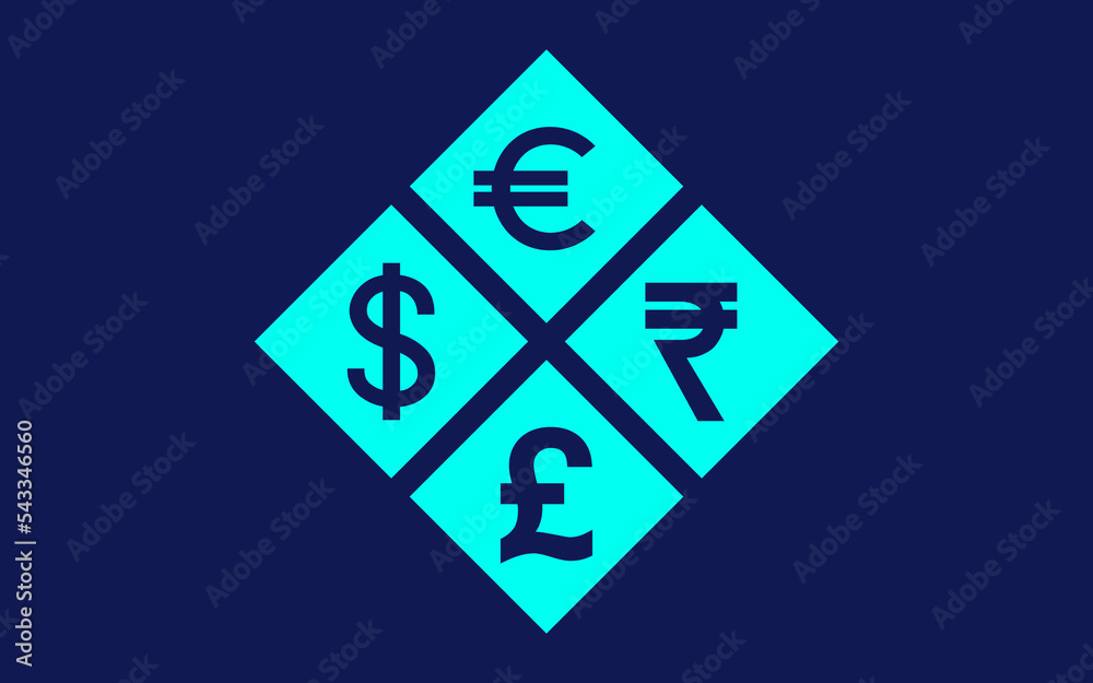 World digital currencies like us dollar, euro, british pound sterling and indian rupee finance concept World digital currencies like us dollar, euro, british pound sterling and indian rupee finance concept