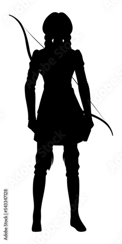 Silhouette of archer girl. Woman with bow. Archer girl with long braids. Stands silhouette of archer girl. Black full length silhouette. Archer girl silhouette isolated vector. 