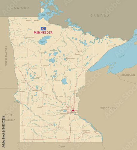 Road map of Minnesota, US American federal state. Editable highly detailed transportation map of Minnesota with highways and interstate roads, rivers, lakes and cities vector illustration