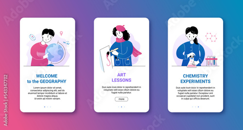 Education, art and science website onboarding screen templates. Welcome to geography, art lessons, chemistry experiments mobile app pages cartoon thin line vector illustration
