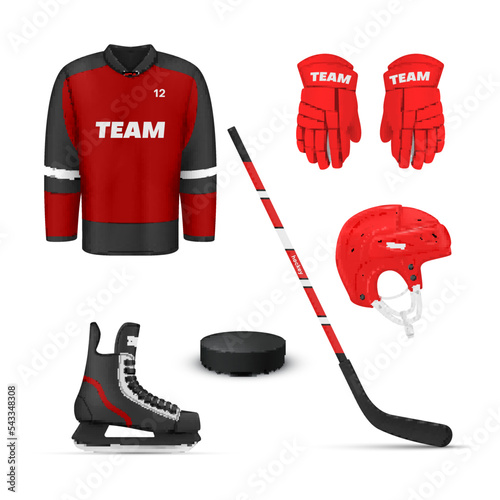 Ice hockey uniform professional outfit and accessories set realistic vector illustration