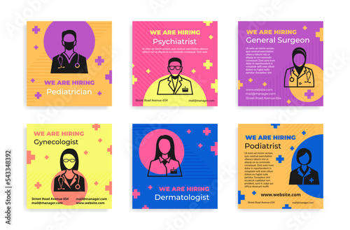 We are hiring medical personnel wanted job promo poster set line vector illustration