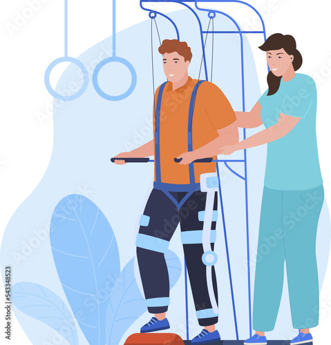 Patient doctor orthopedic therapy rehabilitation exercise for legs injury vector flat illustration