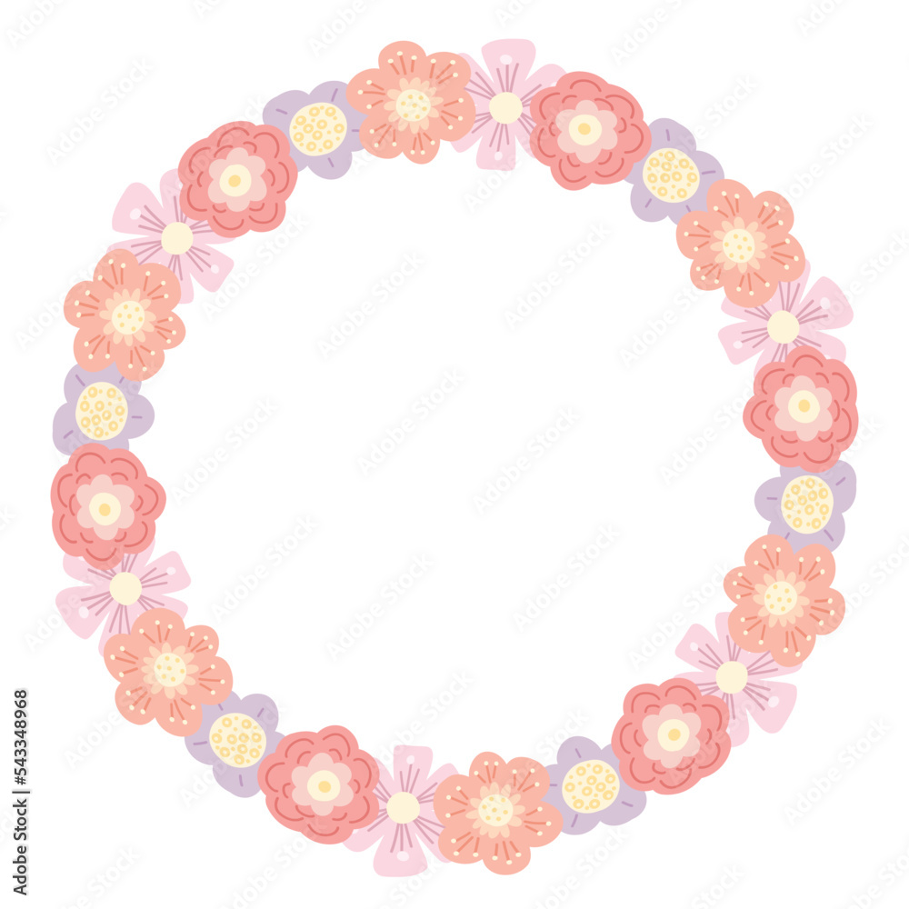Vector floral gentle frame in pastel colors with space for text. Round wreath of delicate naive flowers and copy space.