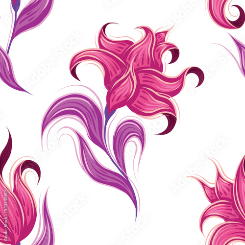 Vector pattern with fabulous curled pink flowers, foliage and stems. Fantastic floral texture on white background for wallpapers and fabrics.