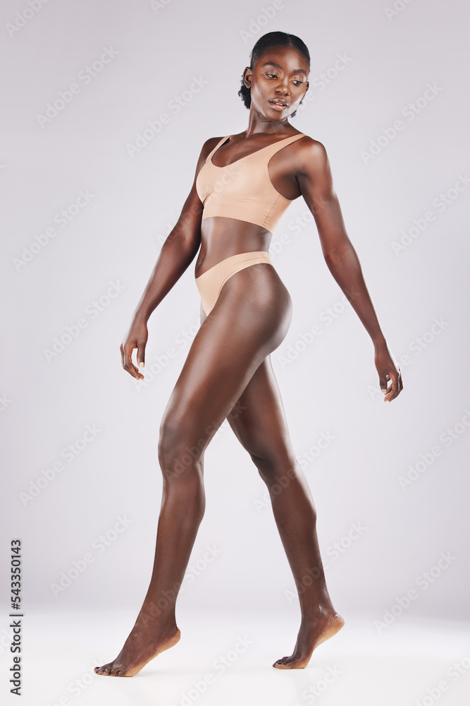 Fitness, model and black woman in studio for wellness, diet and exercise, body and skincare on white background mock up. Beauty, woman and girl in lingerie pose, healthy and full length figure mockup
