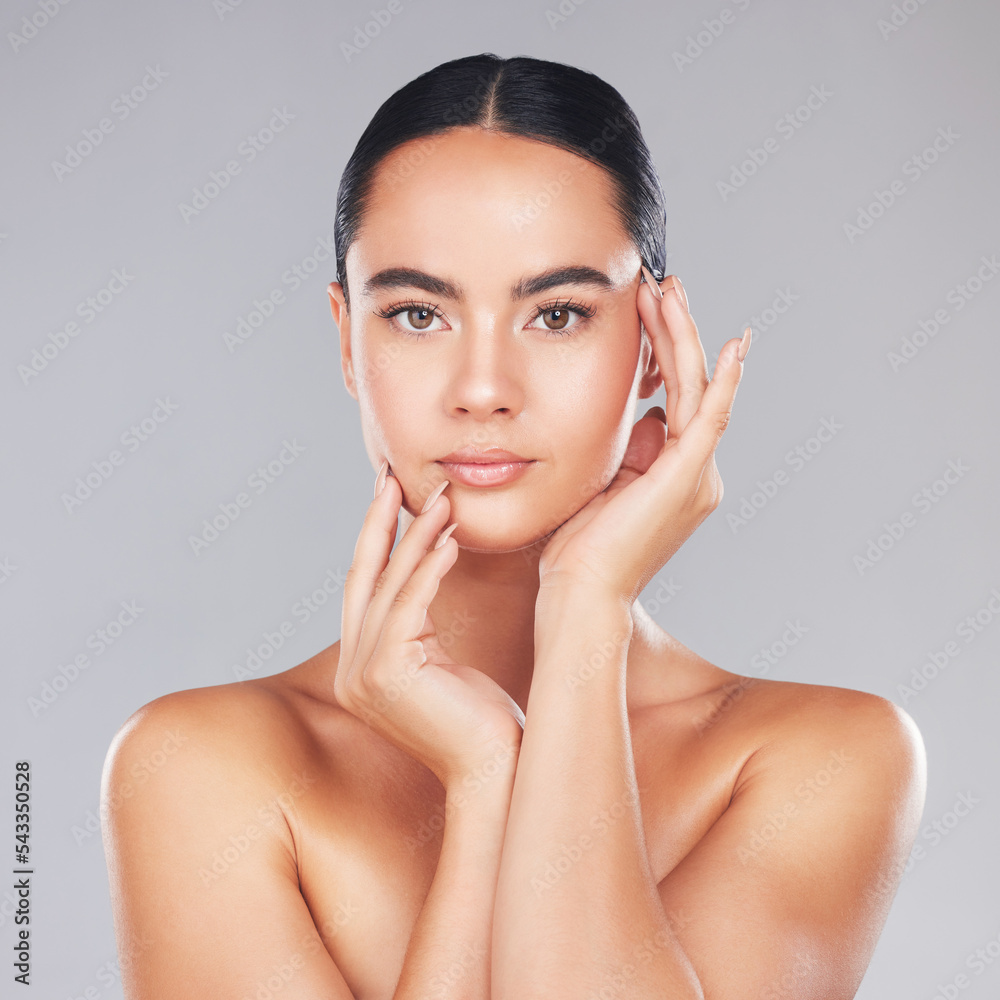 Young woman, skincare and beauty, aesthetic makeup and facial wellness treatment, natural glowing skin and body care cosmetics on studio background. Portrait of beautiful model, headshot and facelift Young woman, skincare and beauty, aesthetic makeup and facial wellness treatment, natural glowing skin and body care cosmetics on studio background. Portrait of beautiful model, headshot and facelift