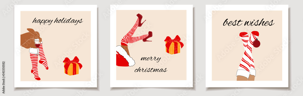 Φωτογραφία Christmas vector gift card or tag Christmas Set of three Santa woman legs with christmas ball, gift and wine
