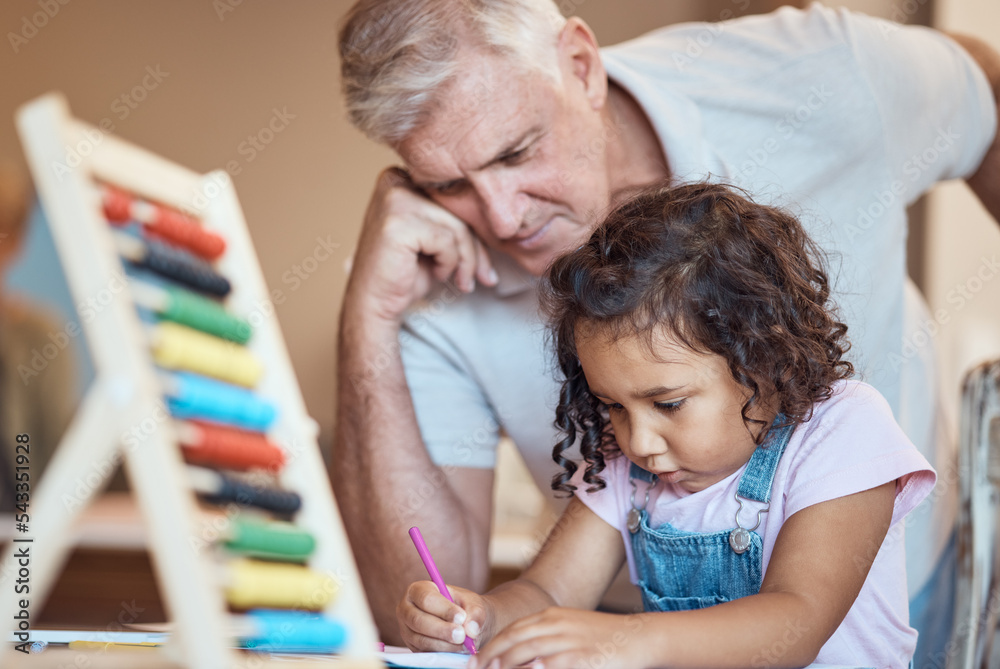 child, learning and father teaching with abacus together for development. Elderly man, grandparent or teacher with young student girl writing in book for education or study skills activity at home child, learning and father teaching with abacus together for development. Elderly man, grandparent or teacher with young student girl writing in book for education or study skills activity at home