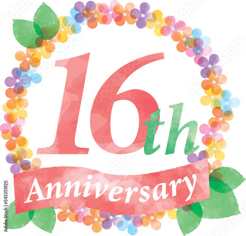 カラフルな花であしらった16周年のフレーム