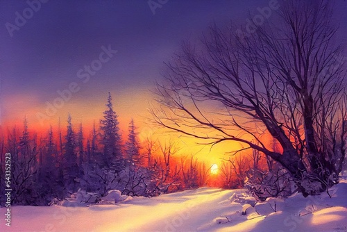 Beautiful winter sunset with trees in the snow © AkuAku