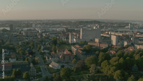 Flying over the city of Aalborg with drone photo