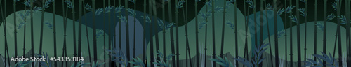 Night landscape with bamboo. Tropical reed beds. Seamless composition. Jungle and rainforest of southern latitudes. Cartoon fun style. Flat design. Vector.
