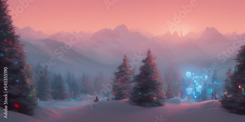 Pintura al oleo de paisaje de invierno y Navidad photo