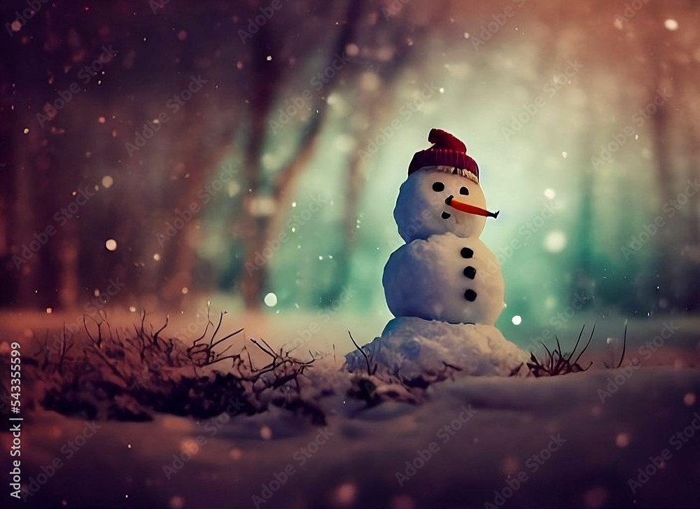 Obraz premium Weihnachtlicher Schneemann im Wald, made by AI, künstliche Intelligenz