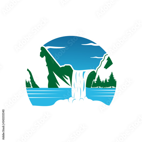 Mountain logo design, sketch illustration of a wild adventure in the mountains and waterfalls photo