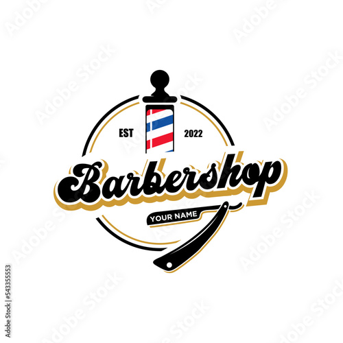 Barbershop logo vintage classic style, fashion salon haircut pomade icon badge modern minimalist simple, barber barber pole razor vector retro symbol. luxury elegant design.