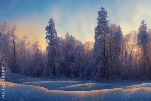 A panoramic view of the covered with frost trees in the snowdrifts. Magical winter forest. Natural landscape with beautiful sky. The revival of the planet. © AkuAku